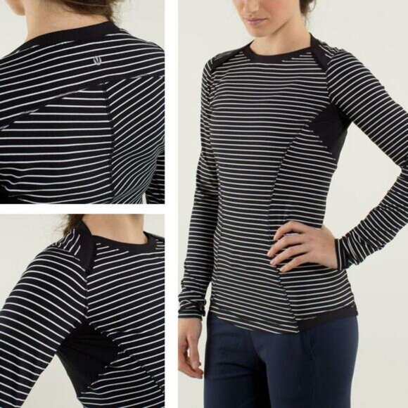 LULULEMON Base Runner Long Sleeve Parallel Stripe Black White Sz 4 - Picture 1 of 6